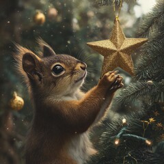 Canvas Print - A squirrel decorates a Christmas tree with a golden star ornament.