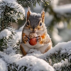 Poster - A squirrel holding a nut in a snowy environment.