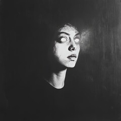 Wall Mural - A stark black-and-white portrait featuring a woman with glowing eyes against a dark background.