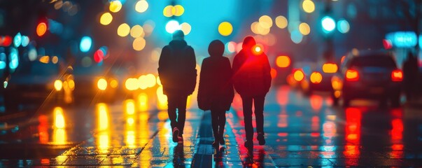 Wall Mural - Group of friends walking through a wet, neon-lit street at night, reflecting city lights. Free copy space for banner.