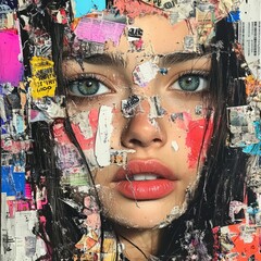 Wall Mural - A striking portrait of a woman surrounded by colorful collage elements.