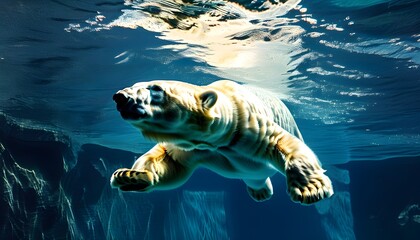 Wall Mural - Majestic polar bear gliding through serene waters, showcasing the enchanting beauty of underwater life.