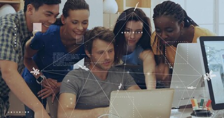 Poster - Animation of financial data processing over diverse colleagues discussing work in office