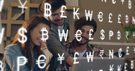 Poster - Animation of currency symbols over diverse colleagues discussing work in office