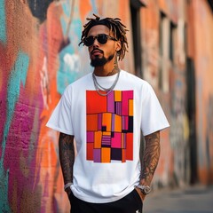 Sticker - A stylish individual poses in front of a colorful urban mural, showcasing contemporary fashion.