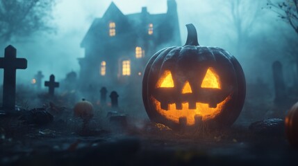 Poster - A Jack-o'-lantern in a Foggy Graveyard with a Haunted House in the Background