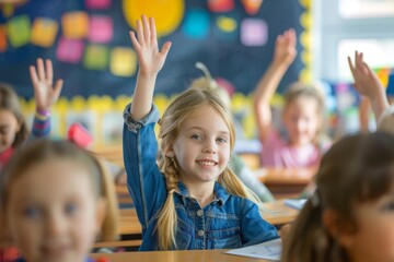 A girl in a blue shirt is raising her hand in a classroom