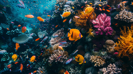 Aerial view of vibrant coral reef with fish in the philippines