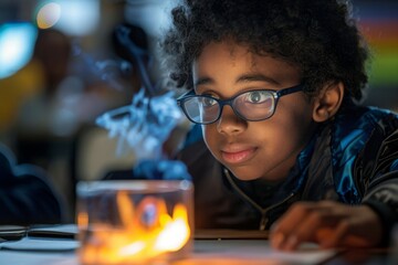 Two children are looking into a jar with a candle inside