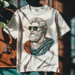 Sticker - A stylish t-shirt featuring a bearded figure with sunglasses, blending classical and modern styles.