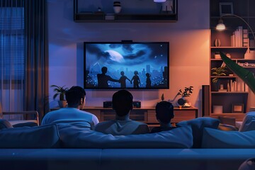 A family of three is watching television together,