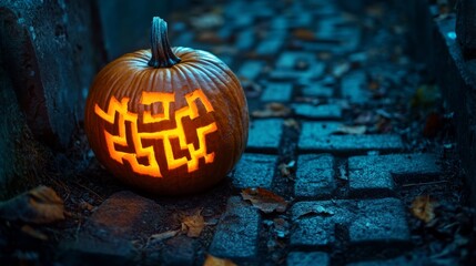 Poster - Illuminated Carved Pumpkin on a Stone Path