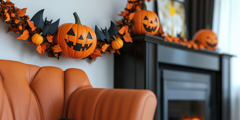 Decorate Wall in living room for Halloween Holidays with a garland with pumpkins and bats