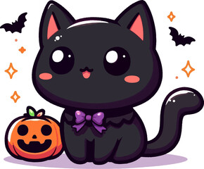 Sticker - cute cartoon halloween black cat with witch hat and pumpkin