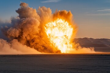 Aufkleber - A powerful explosion occurs in a desert setting, with massive flames and dense smoke rising into the sky, depicting a dramatic and intense scene.