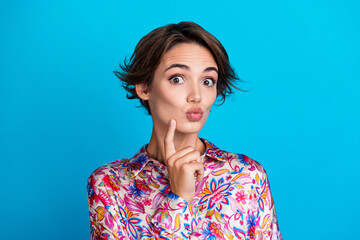 Poster - Photo of funny adorable girl wear stylish clothes hand touch face hmm solve question isolated on blue color background