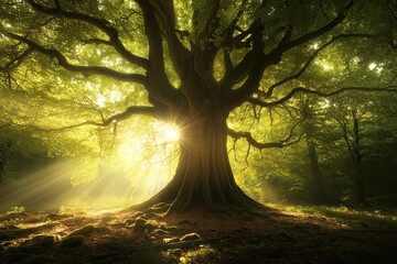 Aufkleber - The sun's rays break through the canopy of an immense, ancient tree, casting a warm glow and creating a serene, magical atmosphere in the tranquil forest setting.