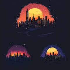 Wall Mural - A stylized city skyline at sunset, featuring vibrant colors and silhouettes of buildings.