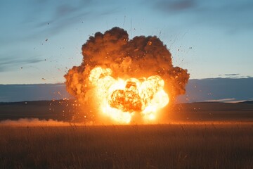 Aufkleber - A massive, fiery explosion engulfs an open field with a dramatic display of flames and smoke during dusk, creating a powerful and intense visual spectacle. The scene evokes shock and awe.