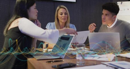 Poster - Animation of spirals over diverse colleagues discussing work in office