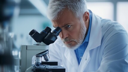 Poster - dedicated scientist examining samples closely through a microscope in a well-equipped laboratory dur