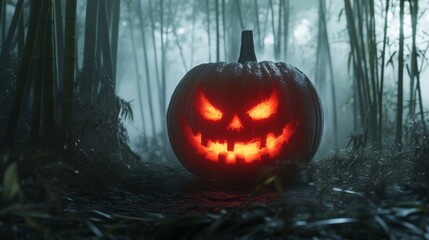 Poster - Glowing Jack-o'-Lantern in a Foggy Bamboo Forest