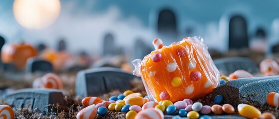 A spooky Halloween scene featuring a candy pumpkin surrounded by colorful treats and gravestones under a full moon.