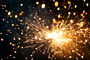Fototapete - An explosion of bright orange and yellow sparks illuminates the dark backdrop, creating a vivid and dynamic display of light and energy, capturing intense motion.