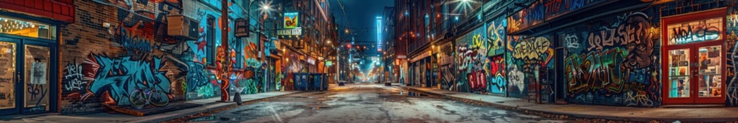 Wall Mural - Urban alley at night filled with vibrant graffiti, capturing the essence of street art. Free copy space for banner.