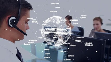 Poster - Animation of globe with connections over diverse colleagues using phone headsets in office