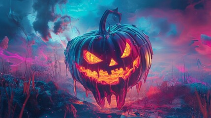 Poster - Glowing Jack-o'-Lantern Dripping in a Surreal Landscape