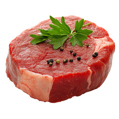 Fresh cut beef with herbs and spices displayed, transparent