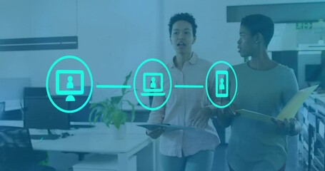 Poster - Animation of network of connections with icons over diverse colleagues discussing work in office