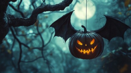 Canvas Print - Carved Pumpkin with Bat Wings Hanging from a Branch in a Foggy Forest