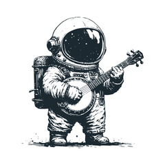 cute astronaut playing oud arabic guitar. black white vector. icon and logo illustration.