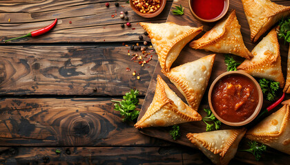 Sticker - Wooden board with delicious samosas on table