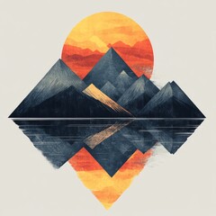 Sticker - A stylized mountain landscape with a sunset reflection in calm water.