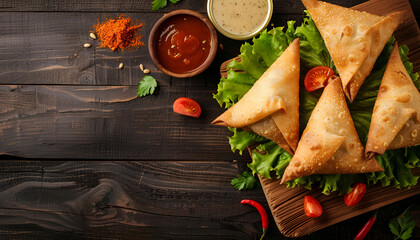 Sticker - Wooden board with delicious samosas on table