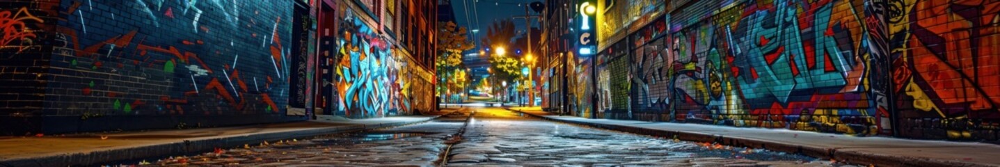 Naklejka na meble Urban alley at night filled with vibrant graffiti, capturing the essence of street art. Free copy space for banner.