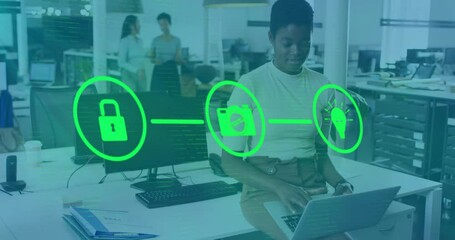Poster - Animation of network of connections with icons over african american businesswoman in office