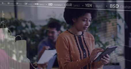 Poster - Animation of financial data processing over african american businesswoman using tablet in office