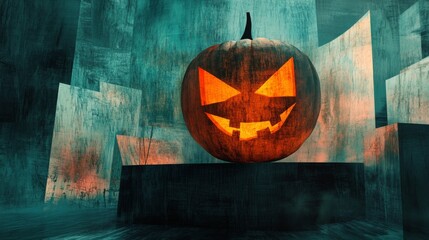 Poster - Illuminated Jack-o'-Lantern on a Dark Platform in an Abstract Setting