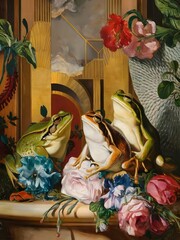 Wall Mural - frog with floral retro vintage luxury style background