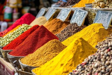 Poster - A vibrant market scene with stalls displaying a variety of colorful spices in different containers, showcasing an array of flavors and cultural culinary elements.
