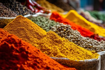 Poster - A dynamic image featuring stacks of colorful spices meticulously arranged in an open market, showcasing the vibrant and diverse range of flavors essential in culinary arts.