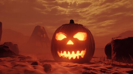 Canvas Print - Glowing Jack-o'-lantern in a Martian-Like Landscape