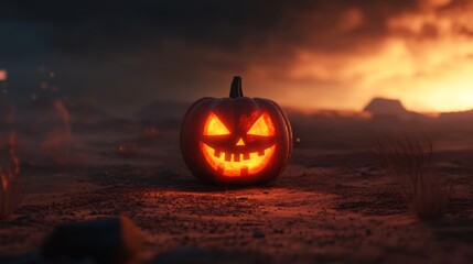 Wall Mural - A Glowing Jack-o'-lantern in a Desolate Landscape at Sunset