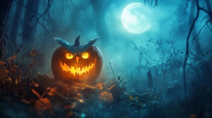 Poster - Glowing Owl Pumpkin in a Mystical Forest