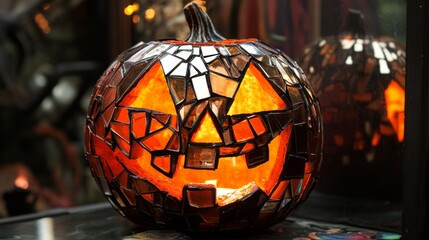 Poster - Illuminated Mosaic Pumpkin with Glowing Face