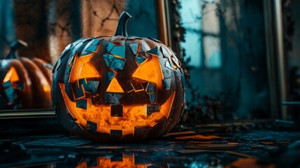 Canvas Print - A Glowing Jack-O'-Lantern with a Broken, Glittering Face